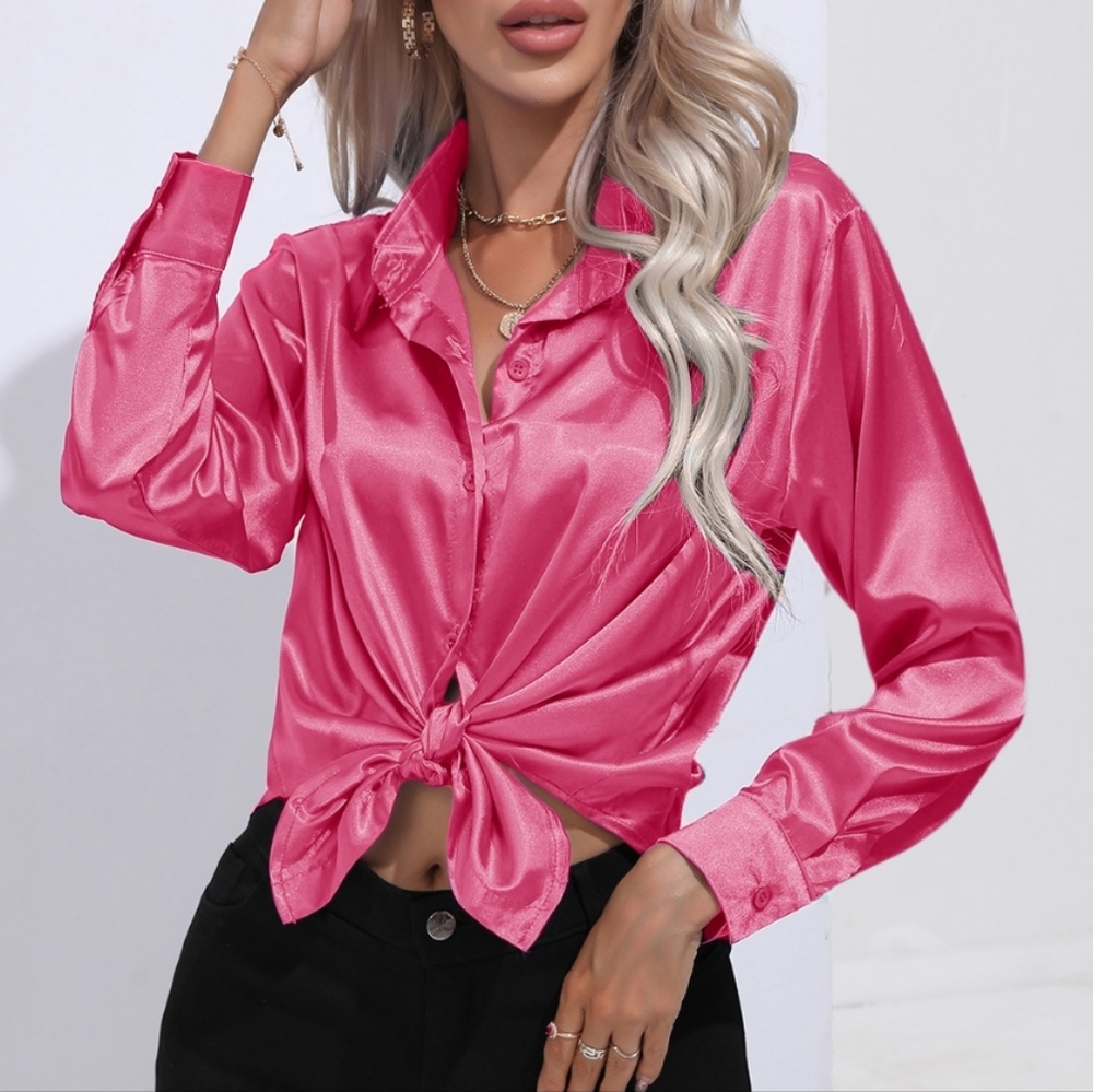 Harmony In Nature Satin Tie-Front Blouse in Hot Pink